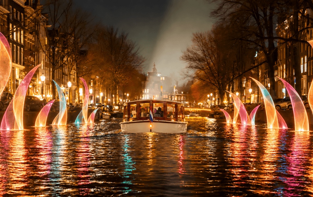A canal boat passing between glowing pink and orange light sculptures on an Amsterdam canal at night
